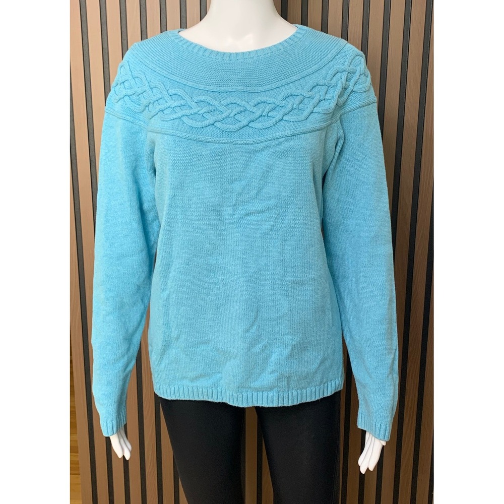 Talbots Women's Light Blue Cotton Cable Knit Braided Crew Neck Sweater L